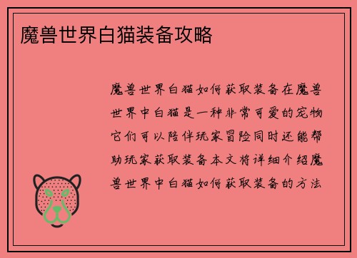 魔兽世界白猫装备攻略