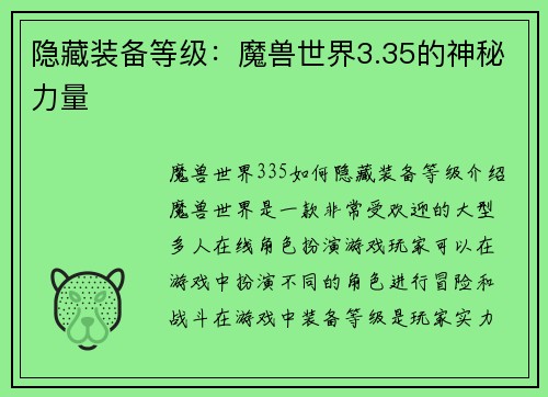 隐藏装备等级：魔兽世界3.35的神秘力量